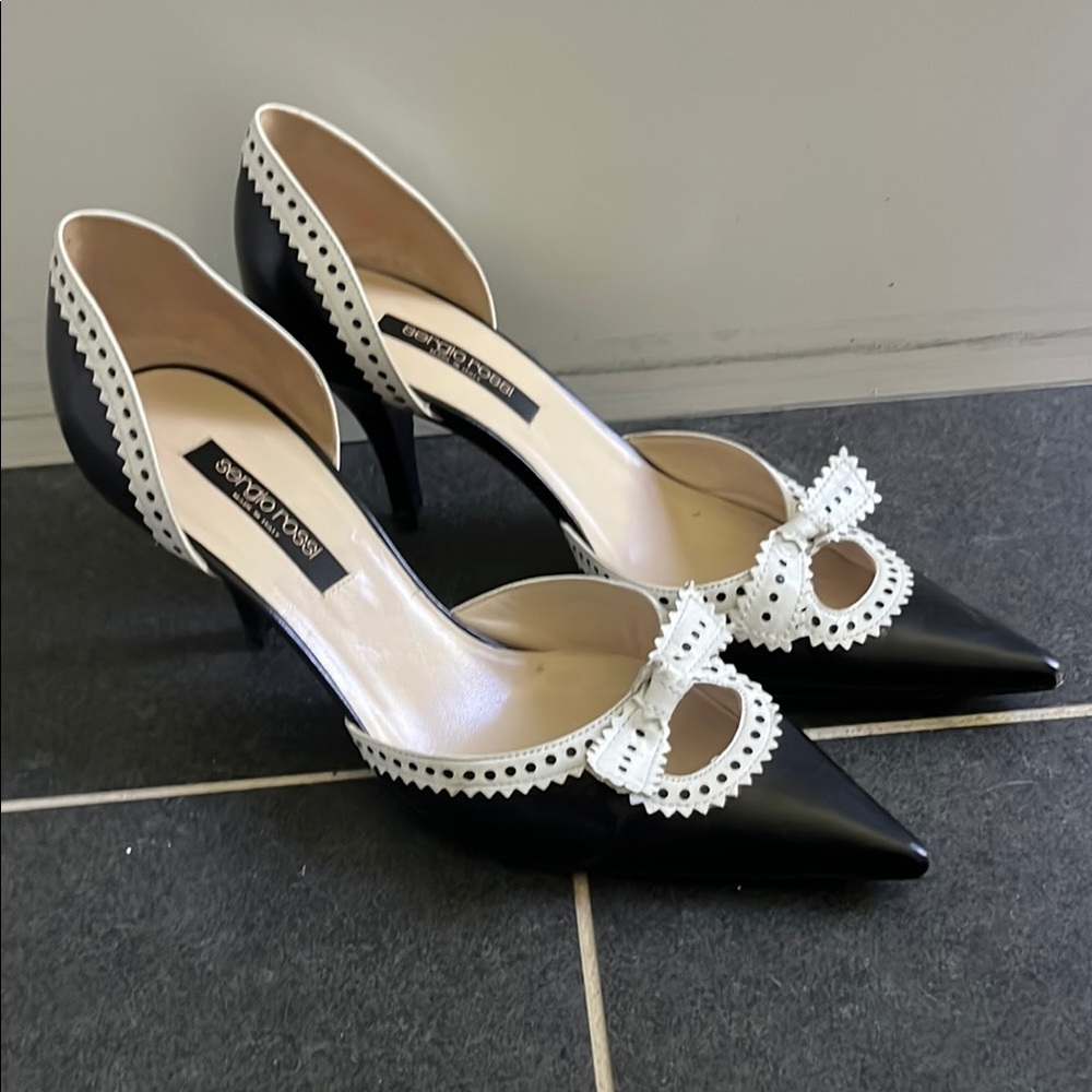 Sergio Rossi Black and White Stiletto kitten Heels with Bow